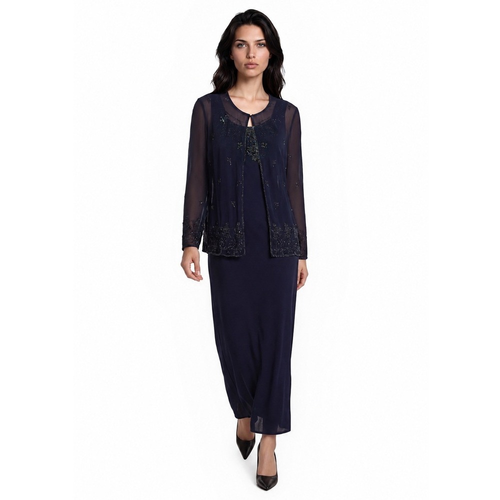 Vintage Laurence Kazar Beaded Maxi Dress Set Women's Size Large Navy Blue Formal